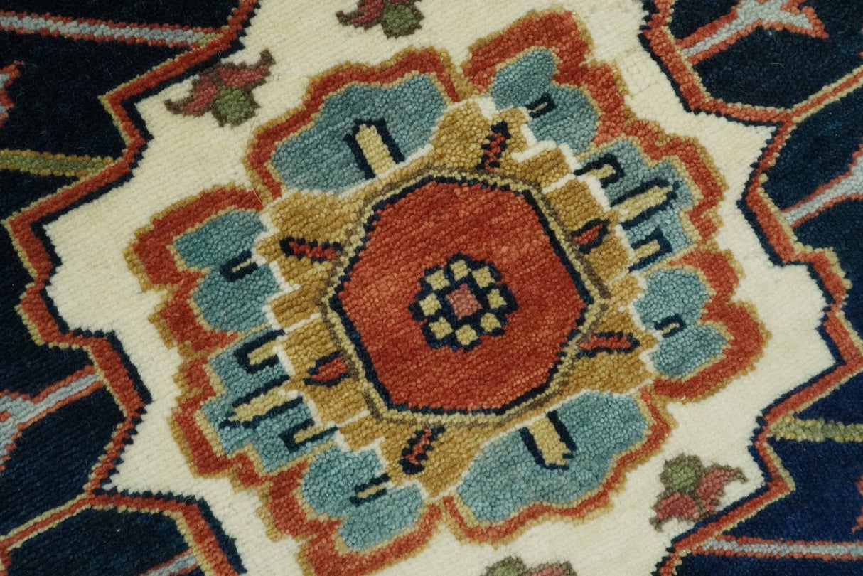 Fine Hand Knotted Rust, Ivory and Blue Floral Traditional Heriz 9x12 wool area rug