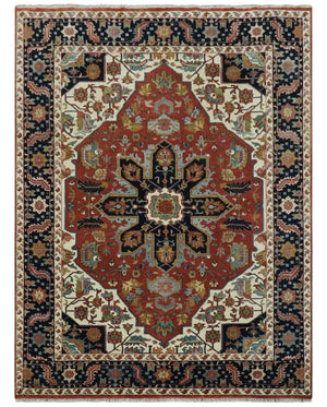 Fine Hand Knotted Rust, Ivory and Blue Floral Traditional Heriz 9x12 wool area rug