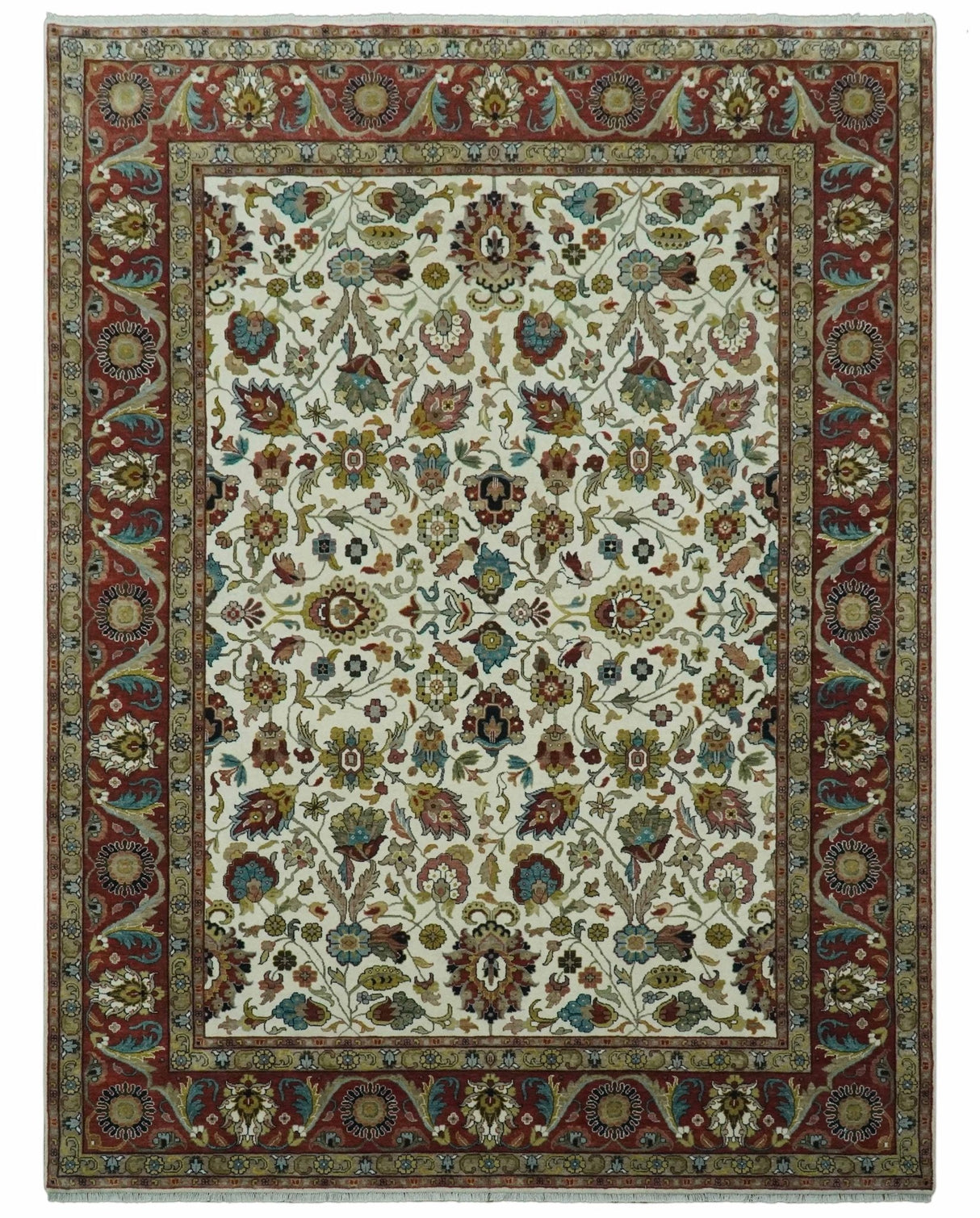 Fine Knots Ivory and Brown 8x10 and 9x12 Hand knotted Traditional Floral Wool Area Rug