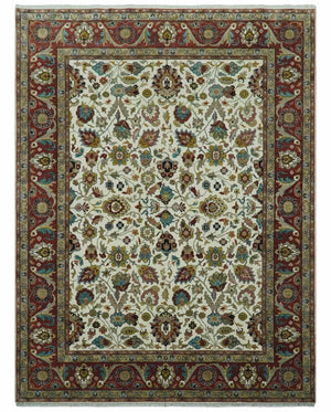 Fine Knots Ivory and Brown 8x10 and 9x12 Hand knotted Traditional Floral Wool Area Rug