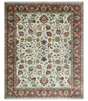 Fine Knots Ivory and Brown 8x10 and 9x12 Hand knotted Traditional Floral Wool Area Rug