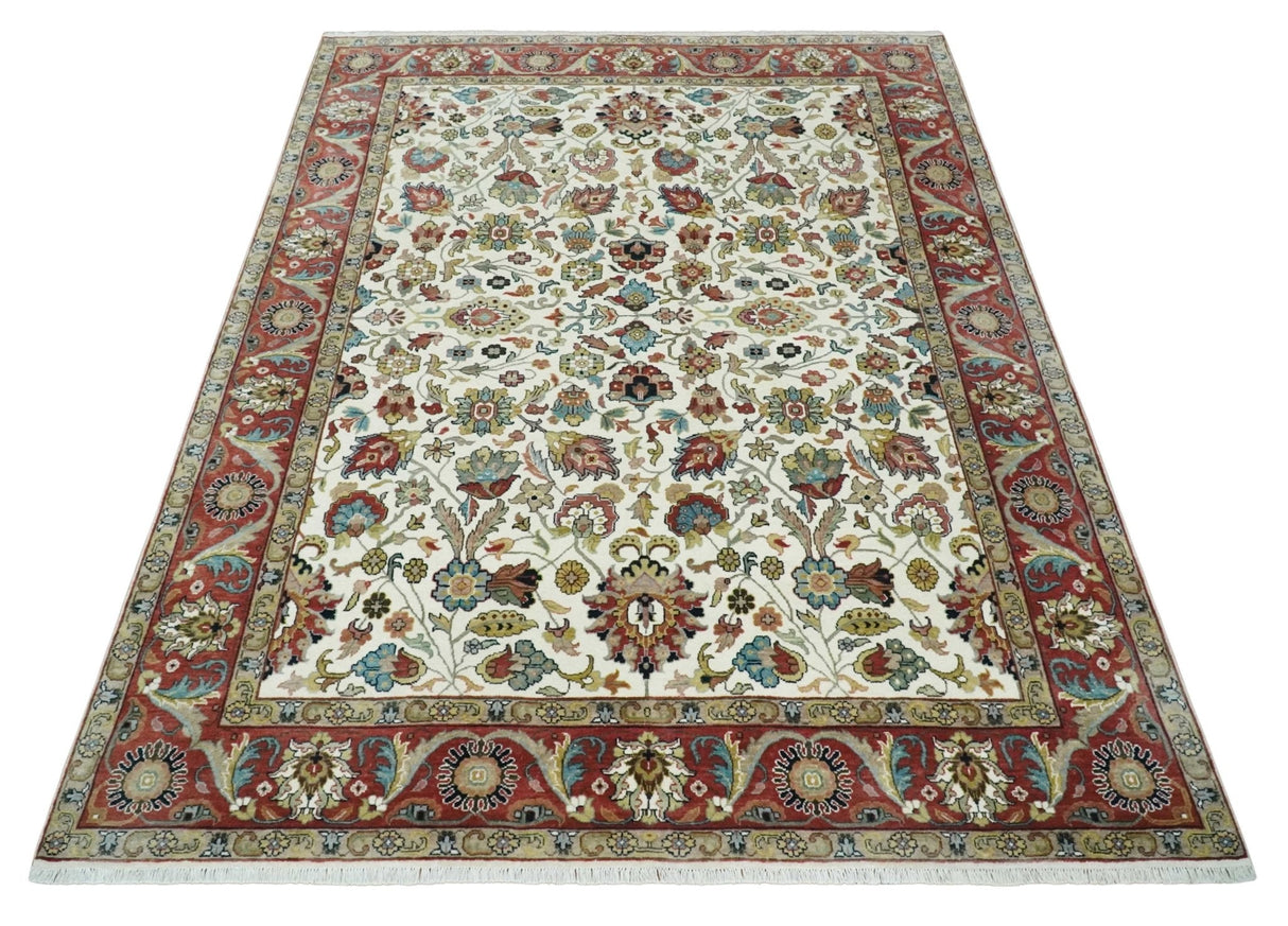 Fine Knots Ivory and Brown 8x10 and 9x12 Hand knotted Traditional Floral Wool Area Rug