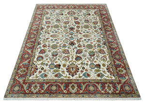 Fine Knots Ivory and Brown 8x10 and 9x12 Hand knotted Traditional Floral Wool Area Rug