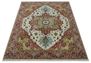 Fine Knots Red, Ivory and Olive 8x10 Hand knotted Traditional Wool Area Rug,