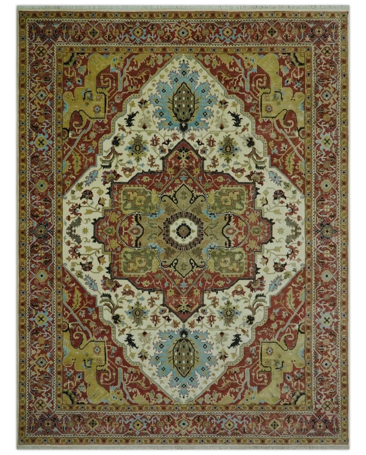 Fine Knots Red, Ivory and Olive 8x10 Hand knotted Traditional Wool Area Rug,