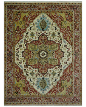 Fine Knots Red, Ivory and Olive 8x10 Hand knotted Traditional Wool Area Rug,