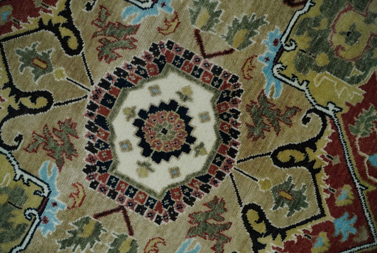 Fine Knots Red, Ivory and Olive 8x10 Hand knotted Traditional Wool Area Rug,