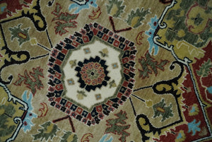 Fine Knots Red, Ivory and Olive 8x10 Hand knotted Traditional Wool Area Rug,