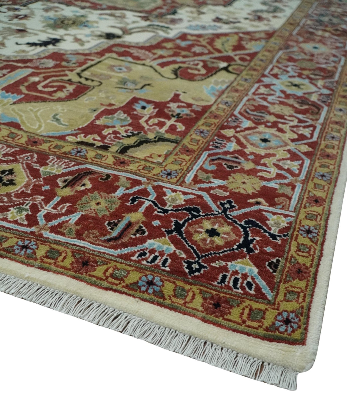 Fine Knots Red, Ivory and Olive 8x10 Hand knotted Traditional Wool Area Rug,