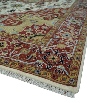 Fine Knots Red, Ivory and Olive 8x10 Hand knotted Traditional Wool Area Rug,