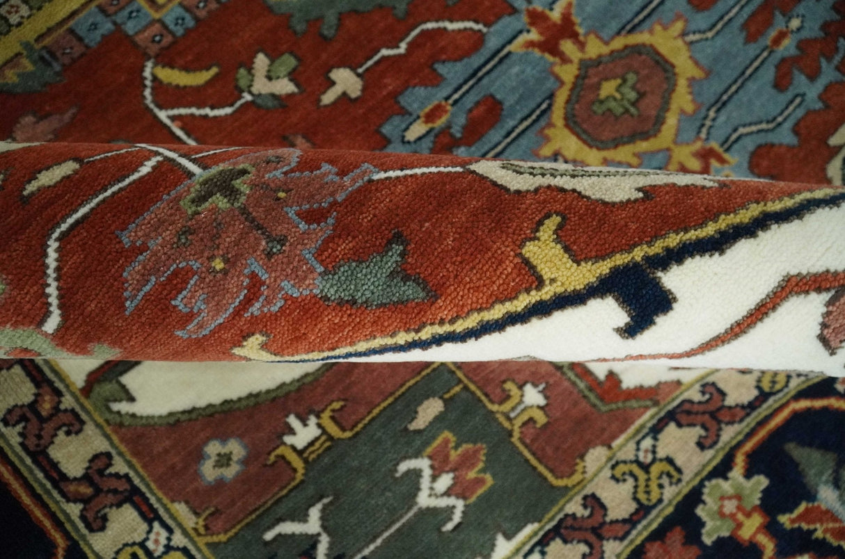Fine Olive, Brown and Blue Traditional Floral Hand knotted look 8x10 wool Area Rug