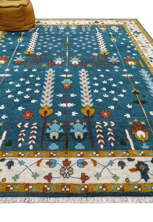 Fine Teal And Ivory Traditional Tree of life Hand Knotted Wool Rug