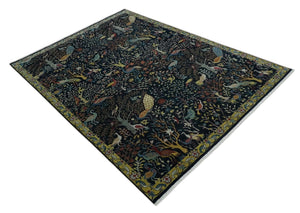 Fine The Jungle Life Peacock on tree Rug 8x10, 9x12 Hand Knotted Black and Mustard Wool Rug