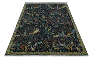 Fine The Jungle Life Peacock on tree Rug 8x10, 9x12 Hand Knotted Black and Mustard Wool Rug
