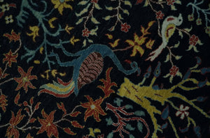 Fine The Jungle Life Peacock on tree Rug 8x10, 9x12 Hand Knotted Black and Mustard Wool Rug