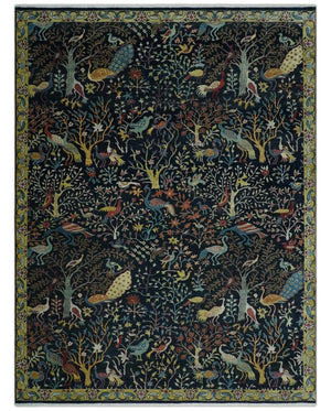 Fine The Jungle Life Peacock on tree Rug 8x10, 9x12 Hand Knotted Black and Mustard Wool Rug