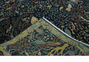Fine The Jungle Life Peacock on tree Rug 8x10, 9x12 Hand Knotted Black and Mustard Wool Rug
