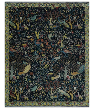 Fine The Jungle Life Peacock on tree Rug 8x10, 9x12 Hand Knotted Black and Mustard Wool Rug
