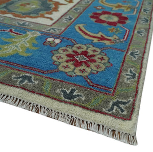 Fine Traditional Ivory and Blue Colorful Hand knotted Oushak Wool Area Rug