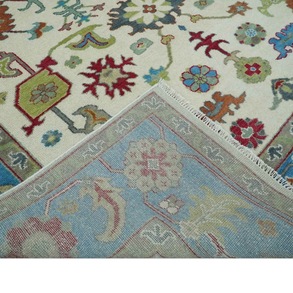 Fine Traditional Ivory and Blue Colorful Hand knotted Oushak Wool Area Rug