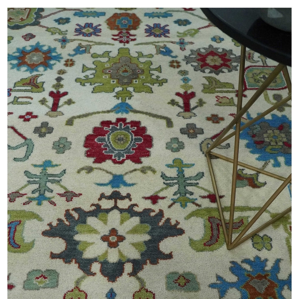 Fine Traditional Ivory and Blue Colorful Hand knotted Oushak Wool Area Rug