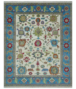 Fine Traditional Ivory and Blue Colorful Hand knotted Oushak Wool Area Rug