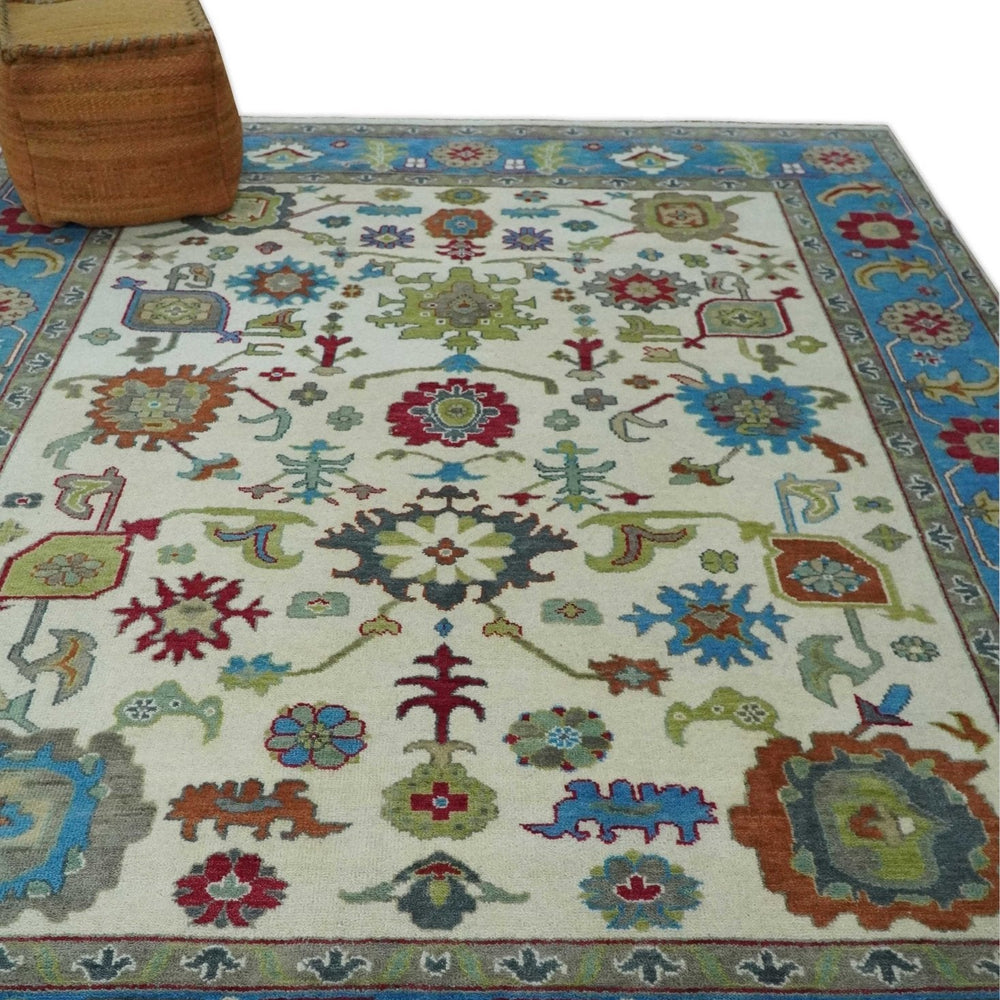 Fine Traditional Ivory and Blue Colorful Hand knotted Oushak Wool Area Rug