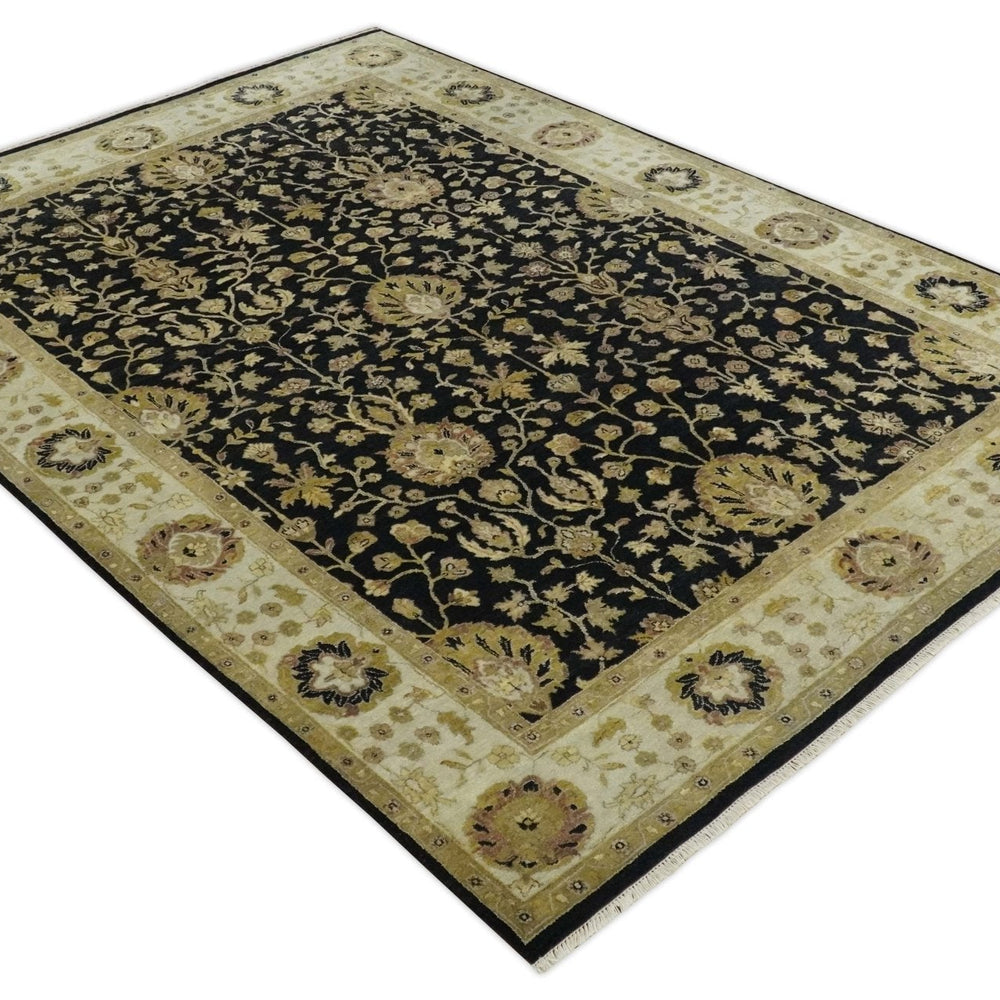 Fine Vintage Style Traditional Black, Olive and Beige Turkish Hand knotted wool Area Rug