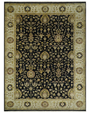 Fine Vintage Style Traditional Black, Olive and Beige Turkish Hand knotted wool Area Rug