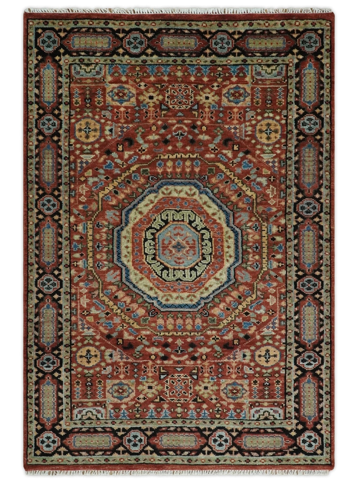Fine Wool Hand Knotted Kazak Medallion Red and Black Traditional Rug
