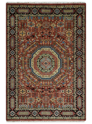 Fine Wool Hand Knotted Kazak Medallion Red and Black Traditional Rug
