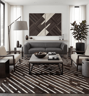 Flatweave Hairon Genuine Leather 5x8, 8x10 and 9x12 Brown Tan and Ivory Area Rug