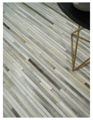 Flatweave Hairon Genuine Leather Stripe Design Beige and Ivory Area Rug