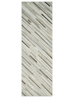 Flatweave Hairon Genuine Leather Stripe Design Beige and Ivory Area Rug