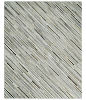 Flatweave Hairon Genuine Leather Stripe Design Beige and Ivory Area Rug