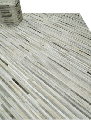 Flatweave Hairon Genuine Leather Stripe Design Beige and Ivory Area Rug