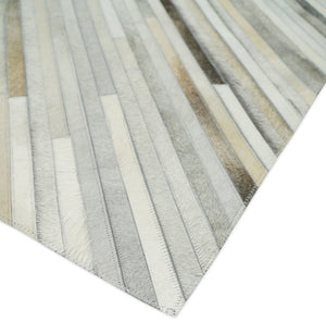Flatweave Hairon Genuine Leather Stripe Design Beige and Ivory Area Rug