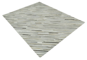 Flatweave Hairon Genuine Leather Stripe Design Beige and Ivory Area Rug