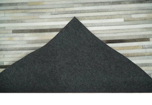 Flatweave Hairon Genuine Leather Stripe Design Beige and Ivory Area Rug