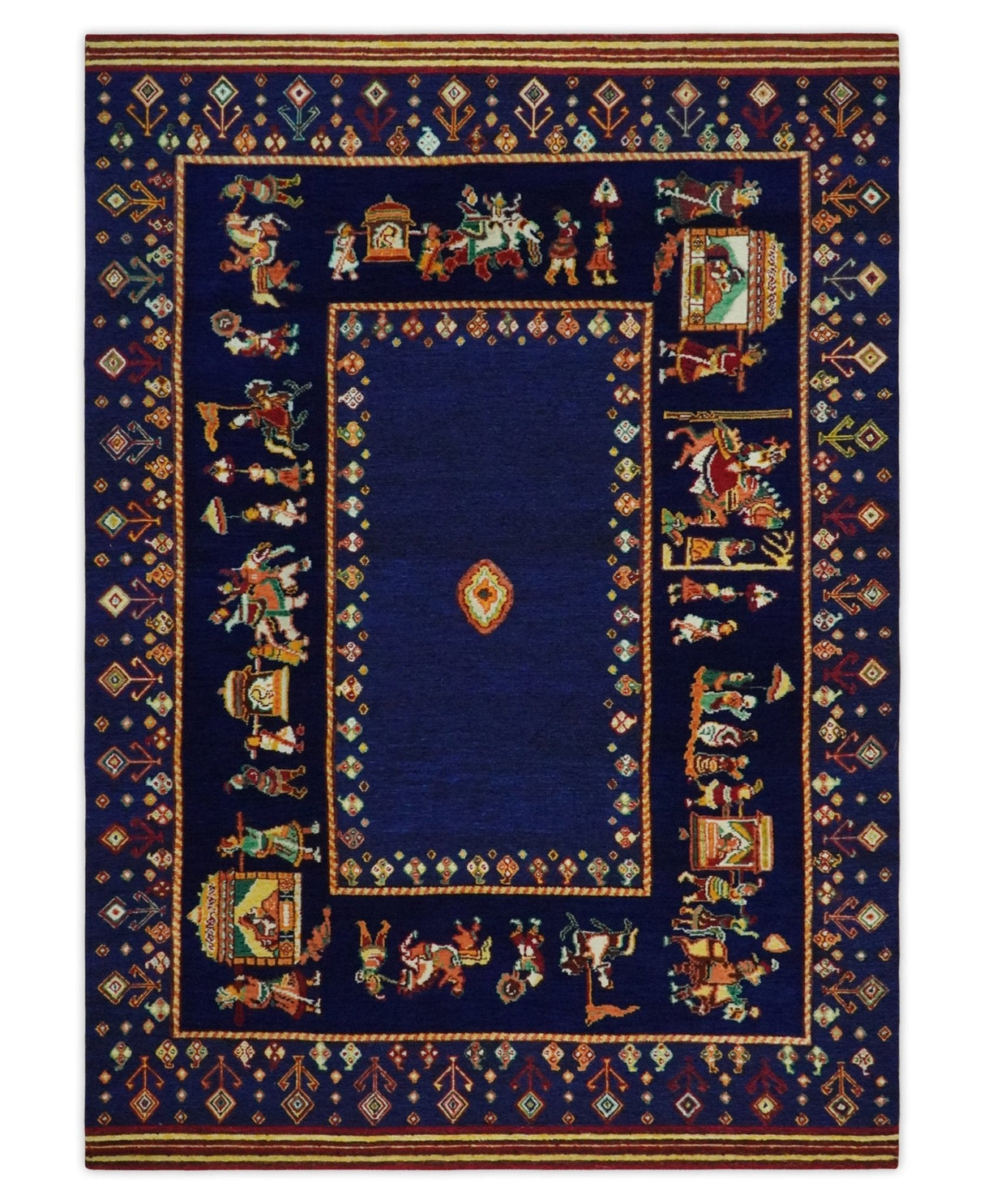 Flatwoven 5x7 Traditional Navy Blue Hand Woven Wool Rug