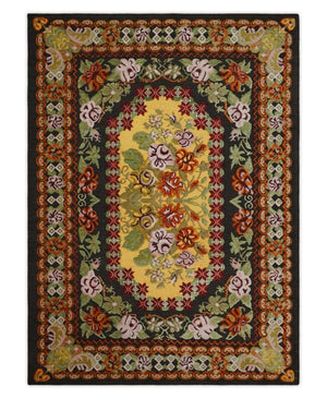 5x7 Flatwoven Black, Yellow And Green Flower Wool Hand Woven Antique Design Rug