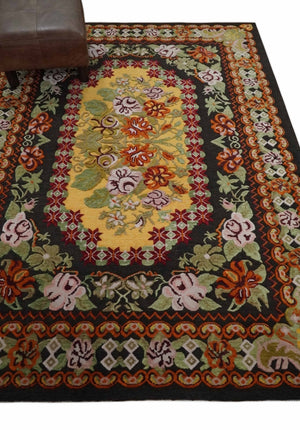 5x7 Flatwoven Black, Yellow And Green Flower Wool Hand Woven Antique Design Rug