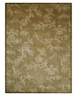 Contemporary Floral 6x8 Brown and Ivory Hand Woven Wool Rug