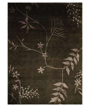 Floral 6x8 Dark Brown and Copper Wool and Silk Hand Woven Rug