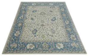 Floral 8x10 Hand Tufted Beige and Blue Modern Oushak Rug