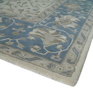 Floral 8x10 Hand Tufted Beige and Blue Modern Oushak Rug