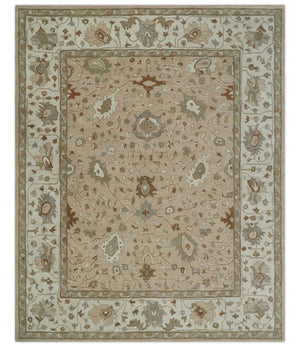 Floral 8x10 Hand Tufted Peach, Ivory and Olive Modern Oushak Rug