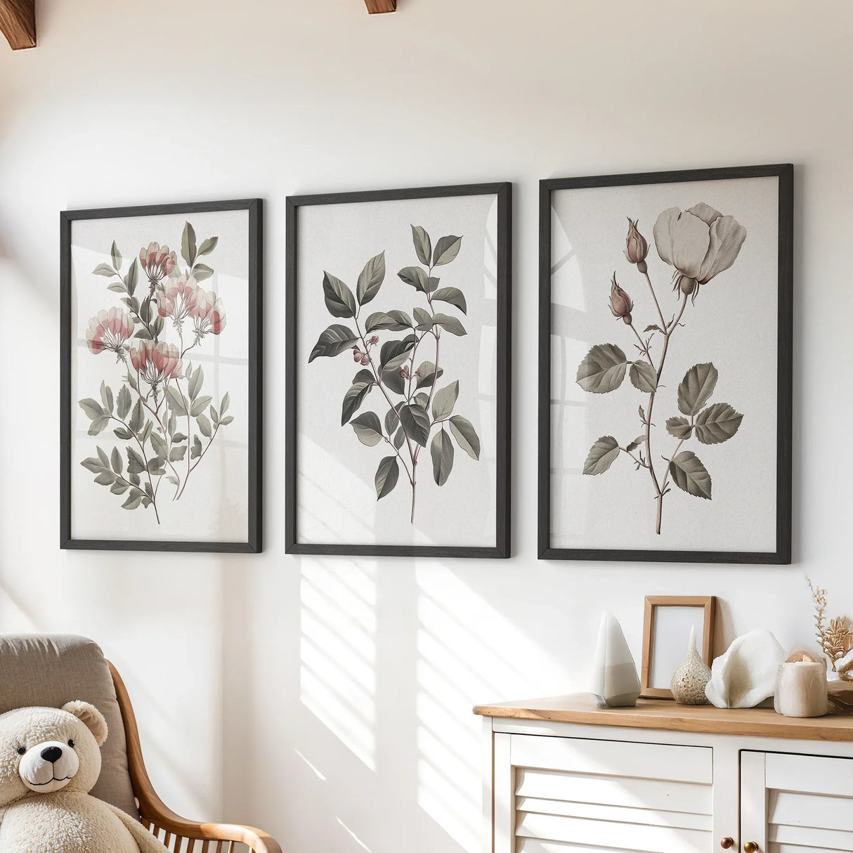 Set of 3 Floral Posters. Rose Flower Vintage Wall Art