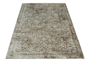 Floral Brown and Ivory Traditional Ikat Large Design 5.6x8 Hand loom Viscose Area Rug