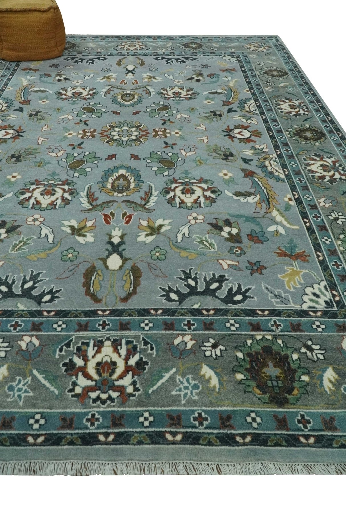 Floral Gray, Ivory, Brown and Green Hand Knotted Traditional Oushak 9x12 wool Rug